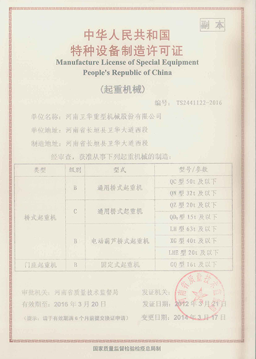 Manufacture License of Special Equipment People