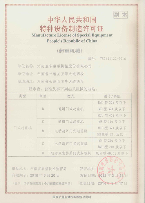 Manufacture License of Special Equipment People